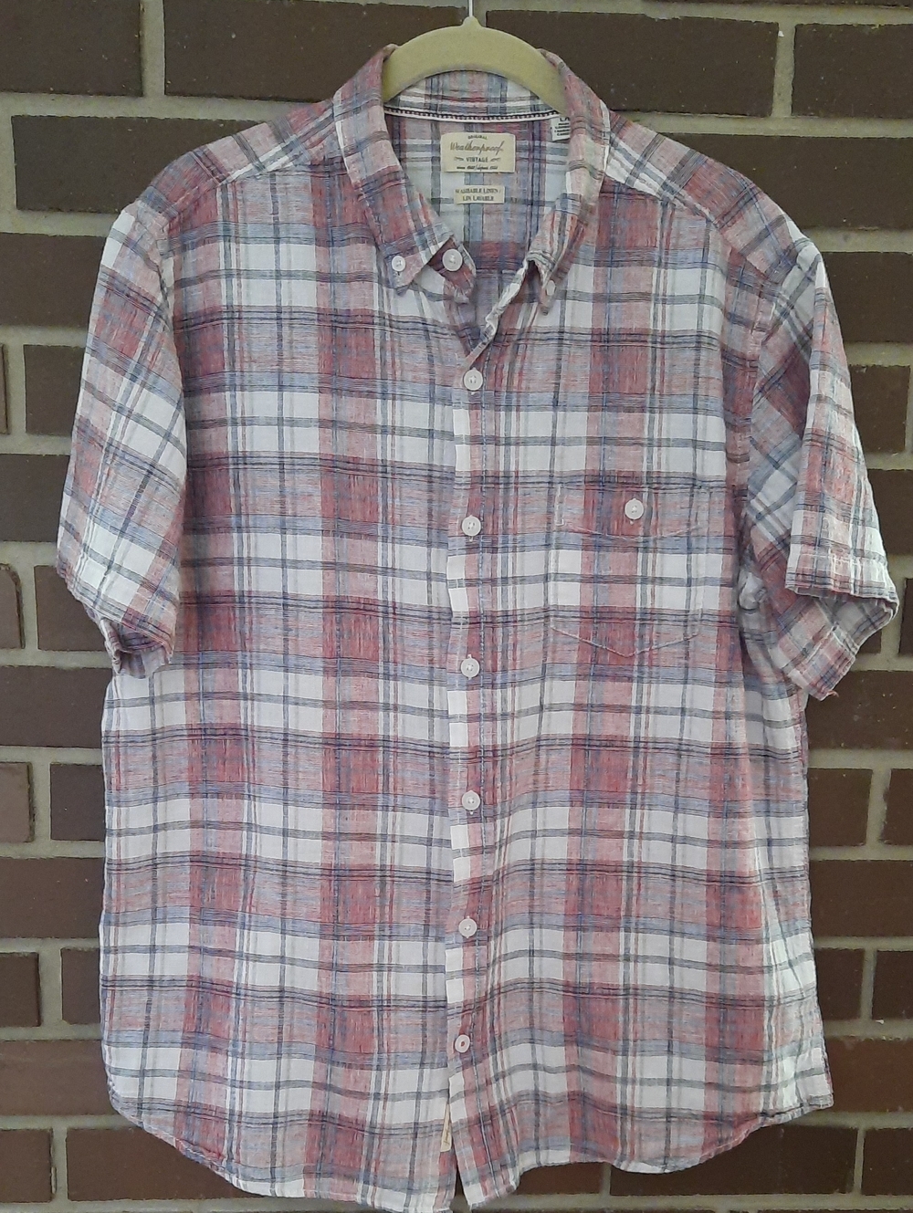 OriginalWeatherproof Vintage Plaid Short-Sleeve Linen/Cotton L Button-Down Shirt